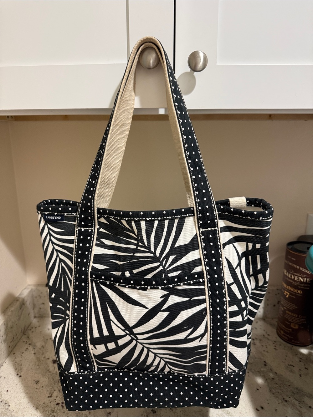 Lands' End Black & White Palm-Print Canvas Tote with Polka-Dot Trim